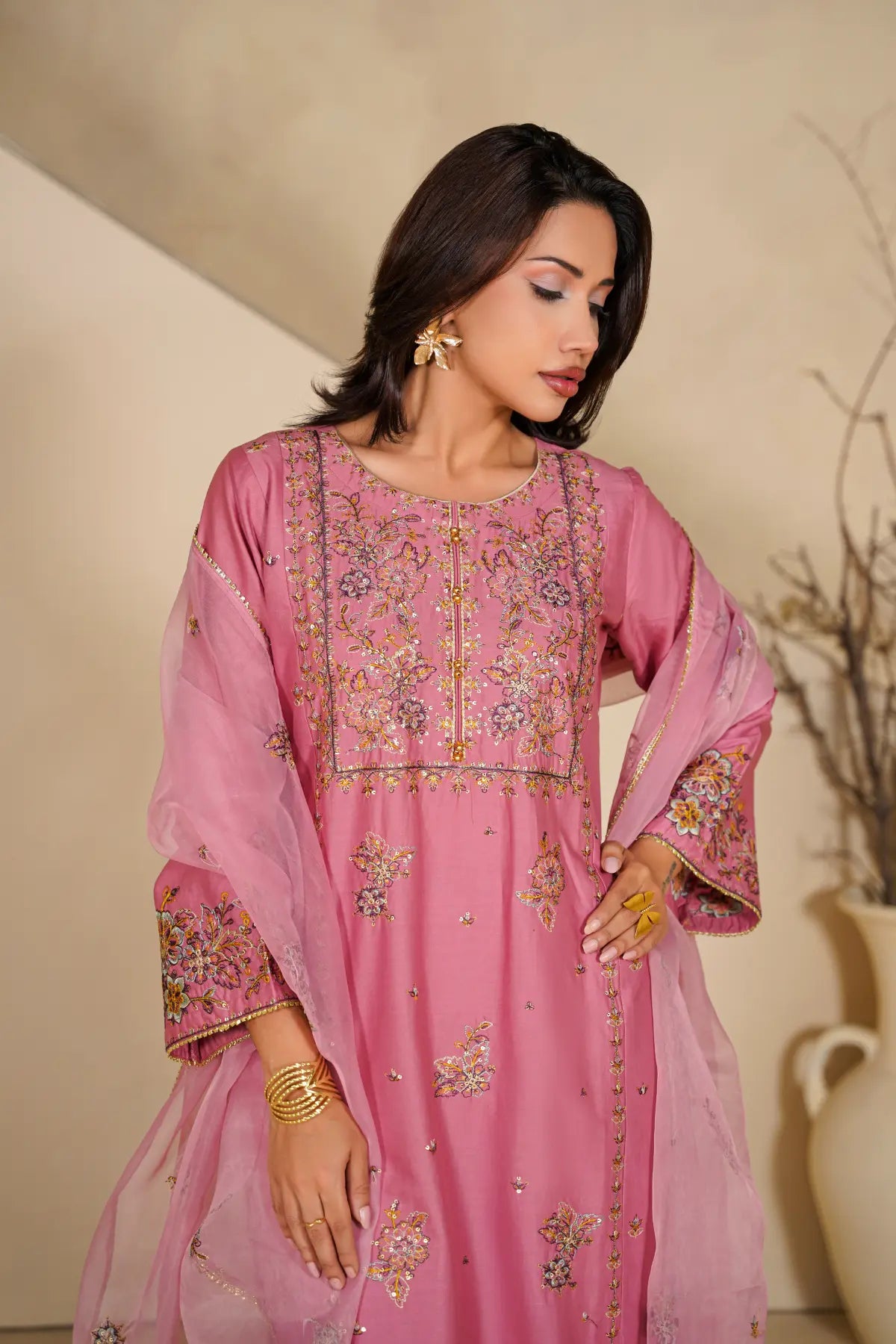 Coral 3Pc - Stitched Embroidered Dress