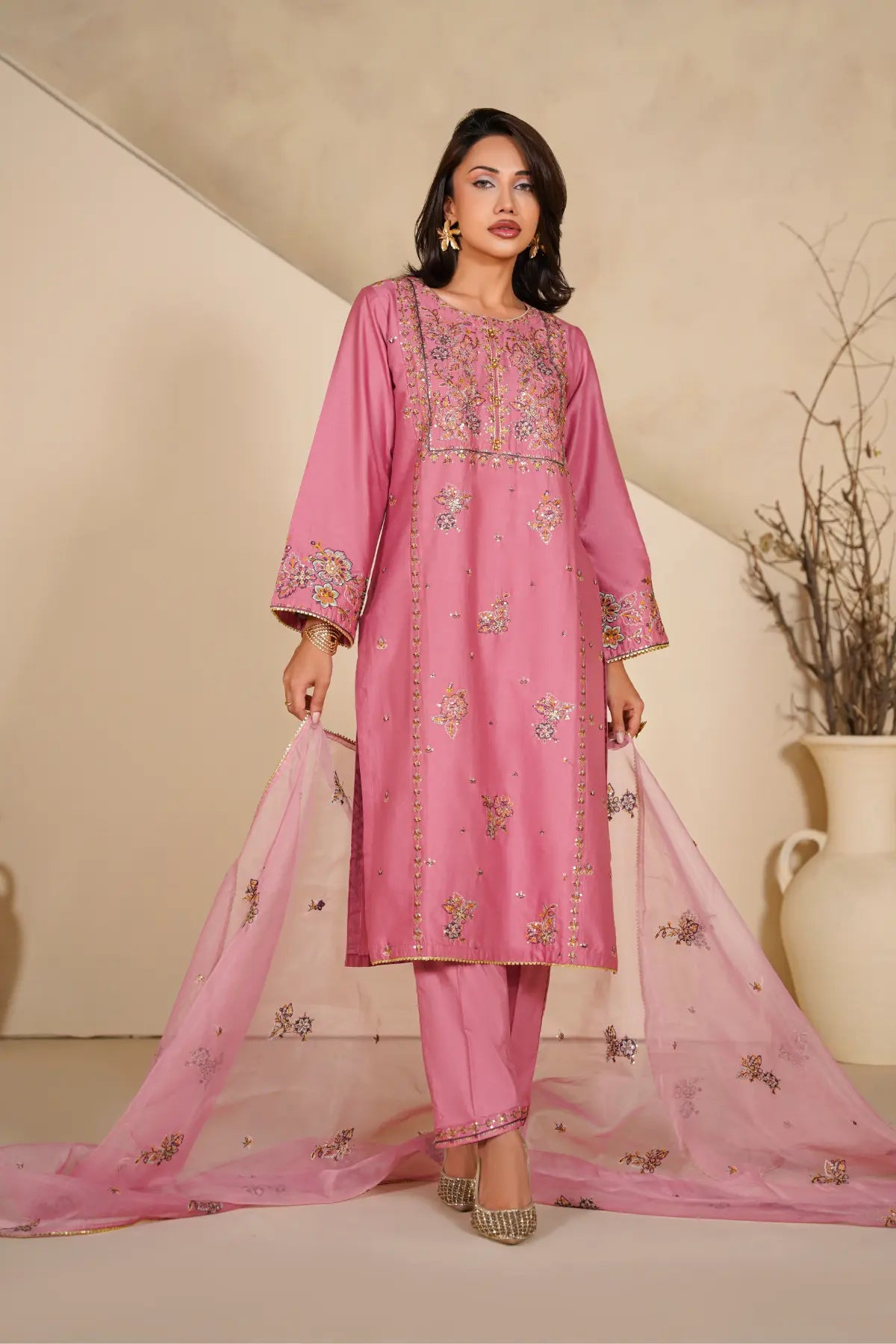 Coral 3Pc - Stitched Embroidered Dress