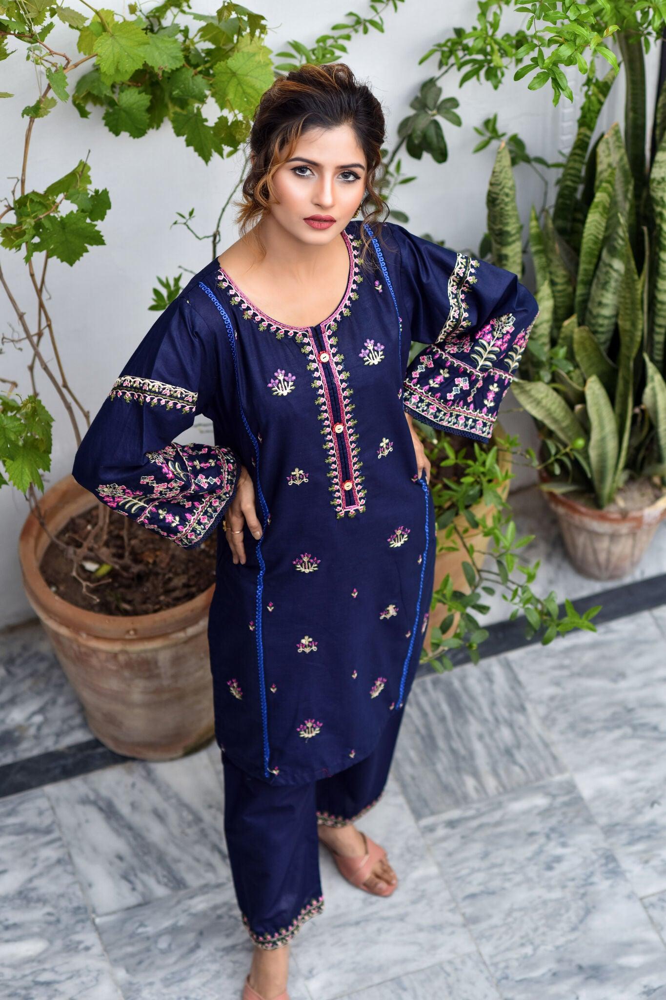 BEST SELLING - MIDNIGHT BLUE - 2PC EMBROIDERED COLLECOIN - Heer Pret