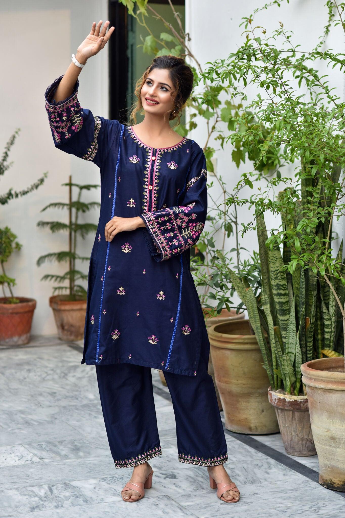 BEST SELLING - MIDNIGHT BLUE - 2PC EMBROIDERED COLLECOIN - Heer Pret