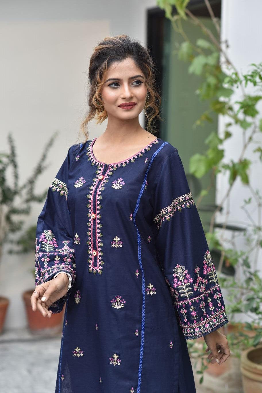 BEST SELLING - MIDNIGHT BLUE - 2PC EMBROIDERED COLLECOIN - Heer Pret