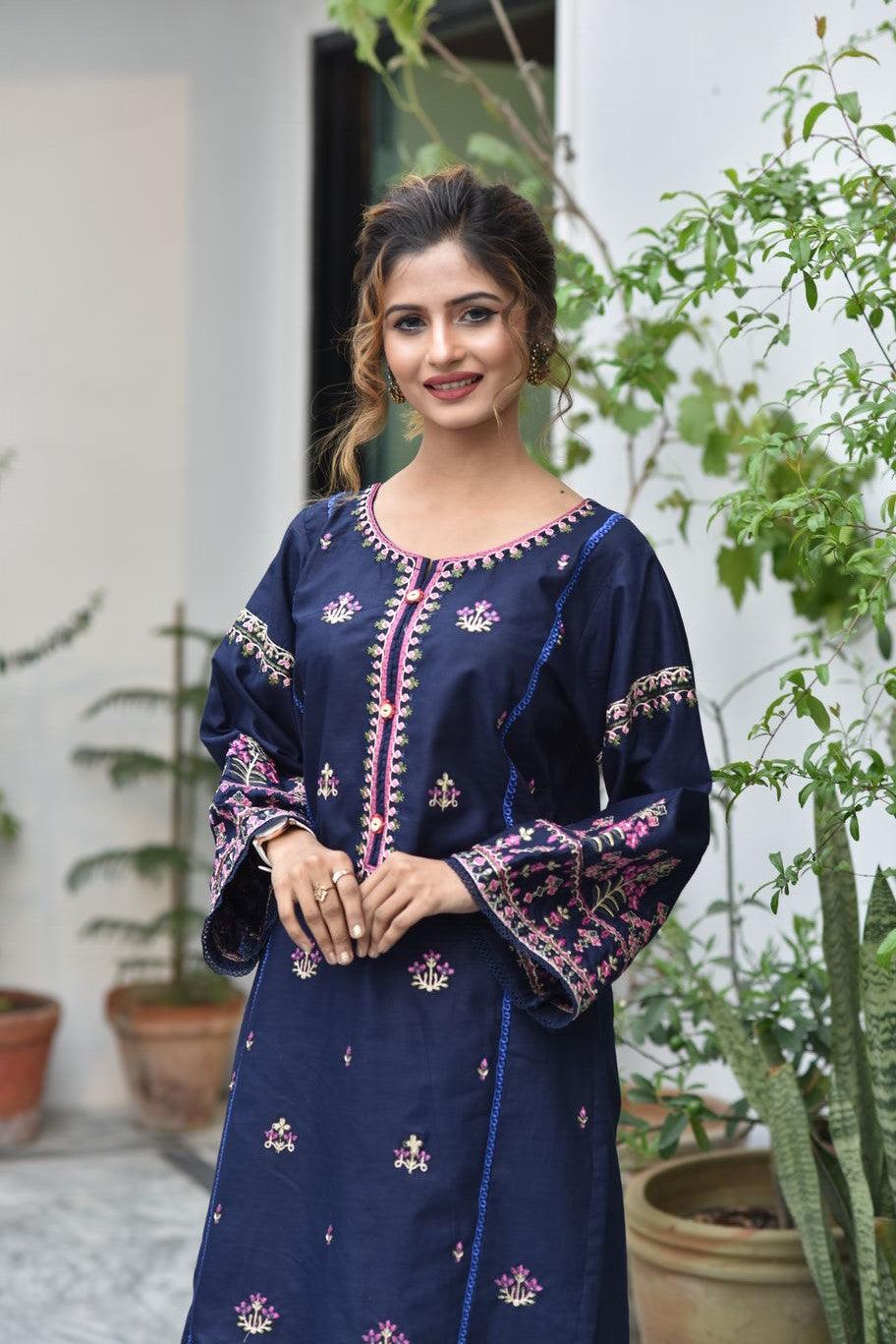 BEST SELLING - MIDNIGHT BLUE - 2PC EMBROIDERED COLLECOIN - Heer Pret