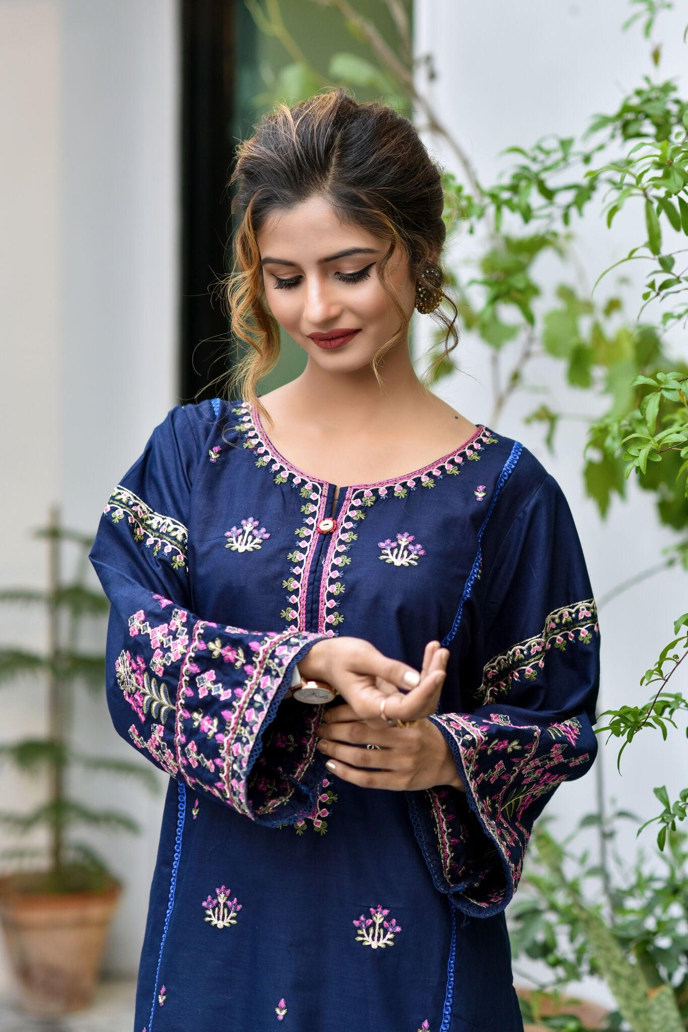 BEST SELLING - MIDNIGHT BLUE - 2PC EMBROIDERED COLLECOIN - Heer Pret