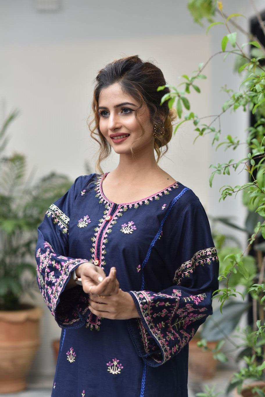 BEST SELLING - MIDNIGHT BLUE - 2PC EMBROIDERED COLLECOIN - Heer Pret