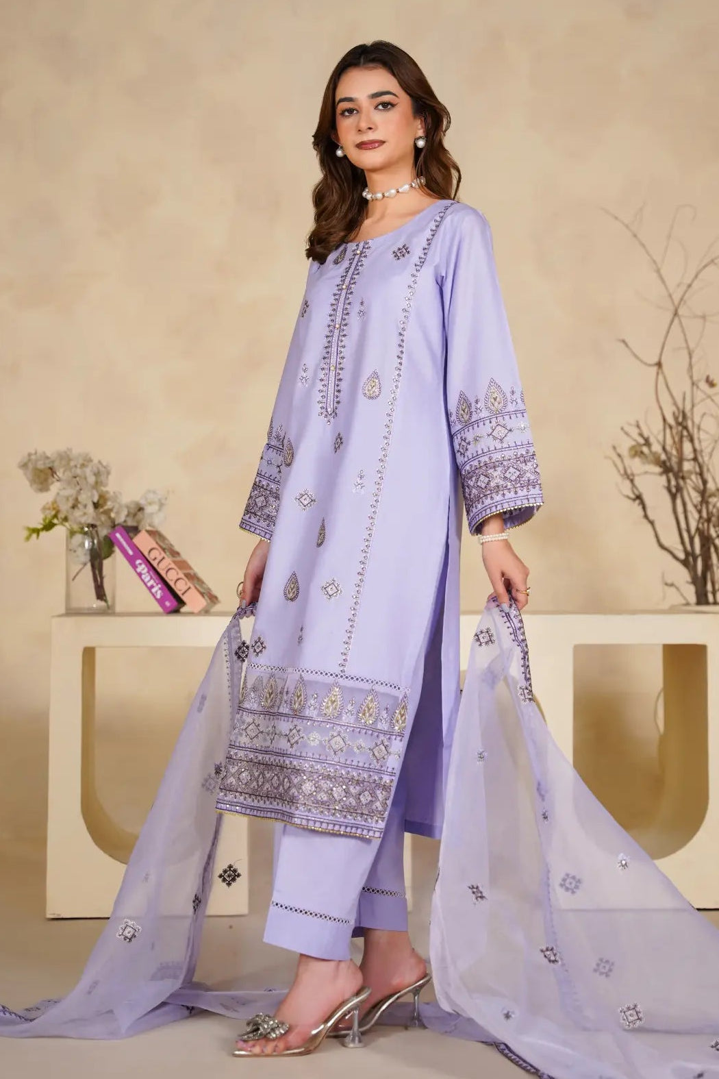 Lilac 3Pc - Stitched Embroidered Dress