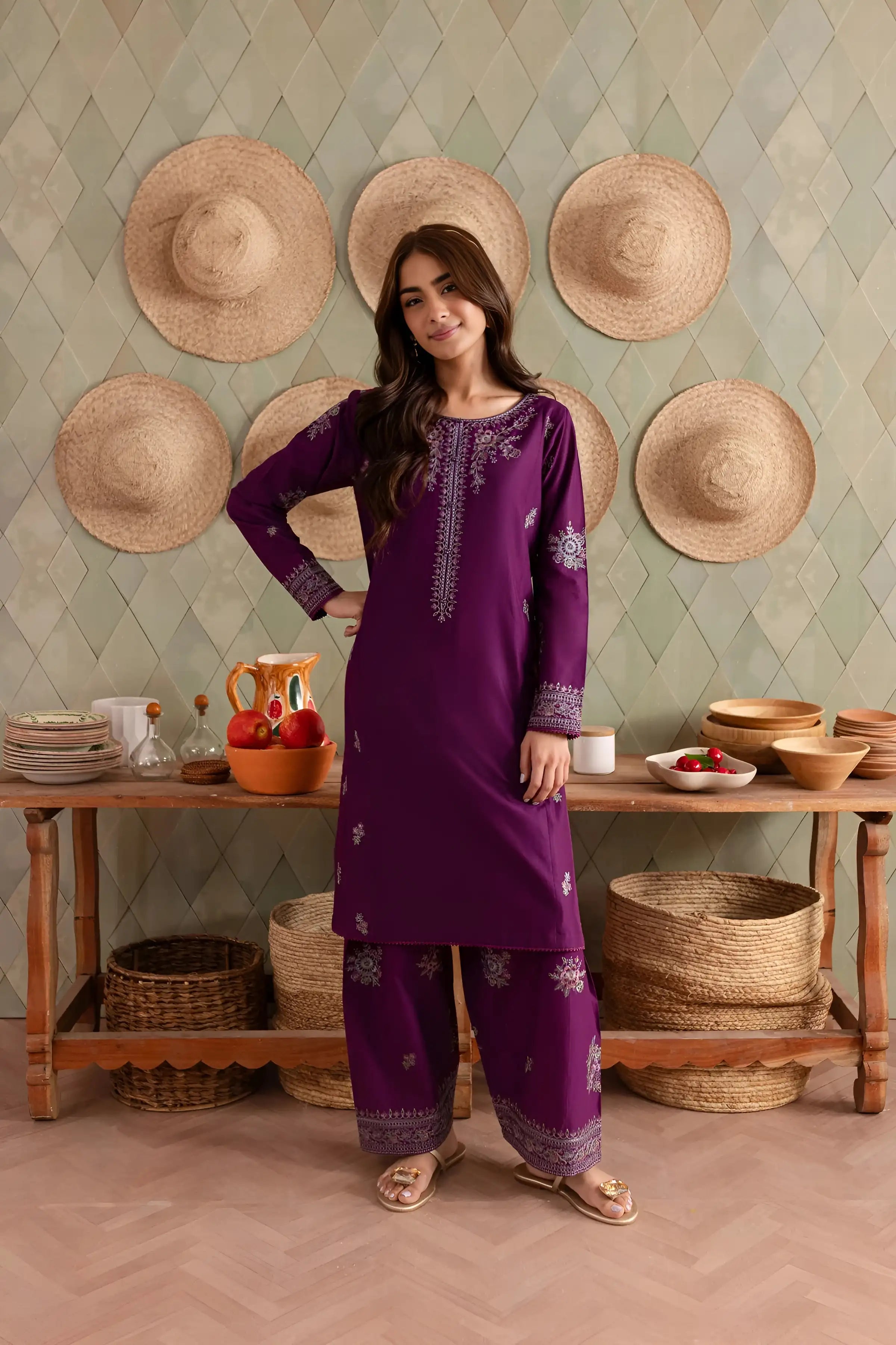 Purple Raina 2Pc - Embroidered Dress