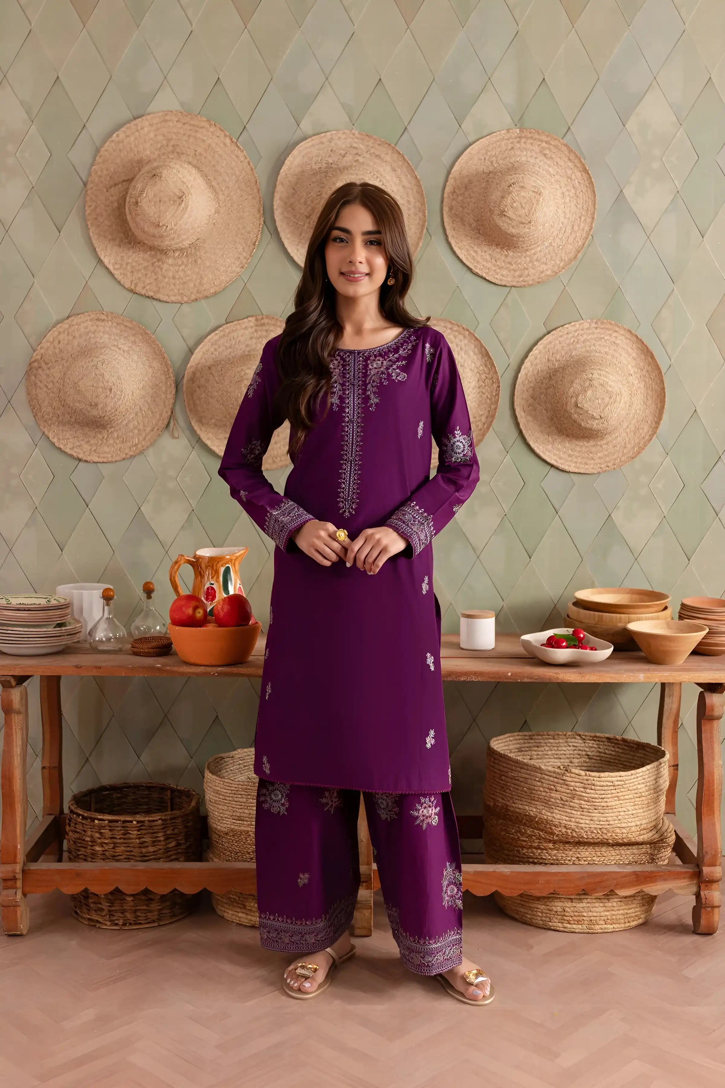 Purple Raina 2Pc - Embroidered Dress