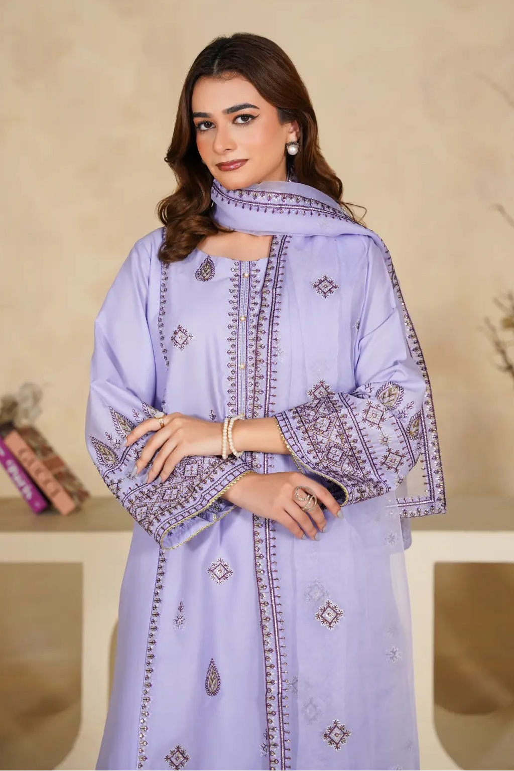 Lilac 3Pc - Stitched Embroidered Dress